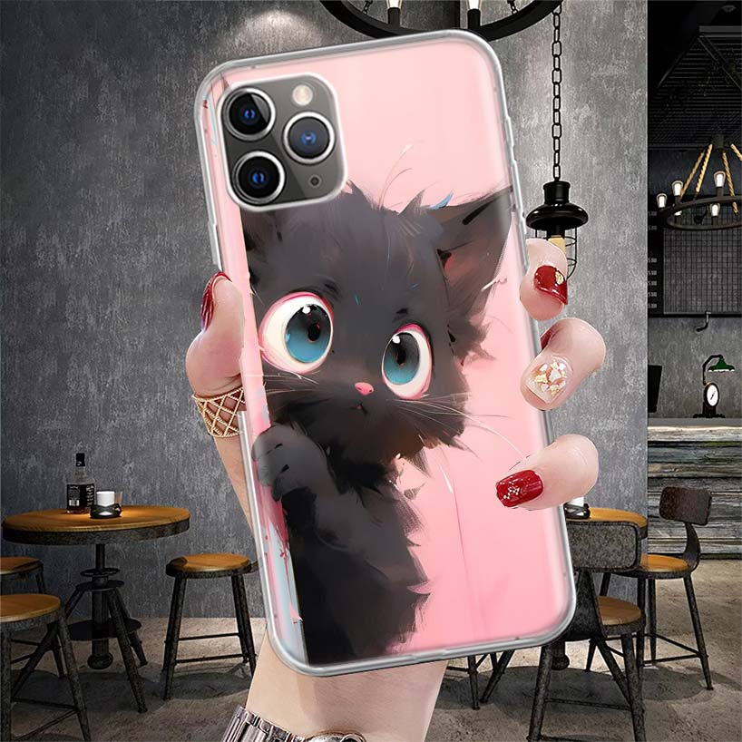 Anime Cute Black Cat Meow Soft Phone Case For IPhone 11 17 Air 16E 16 Pro Max 15 + 14 Plus 13 Mini 12 Apple 7 SE 8 Fundas Coque