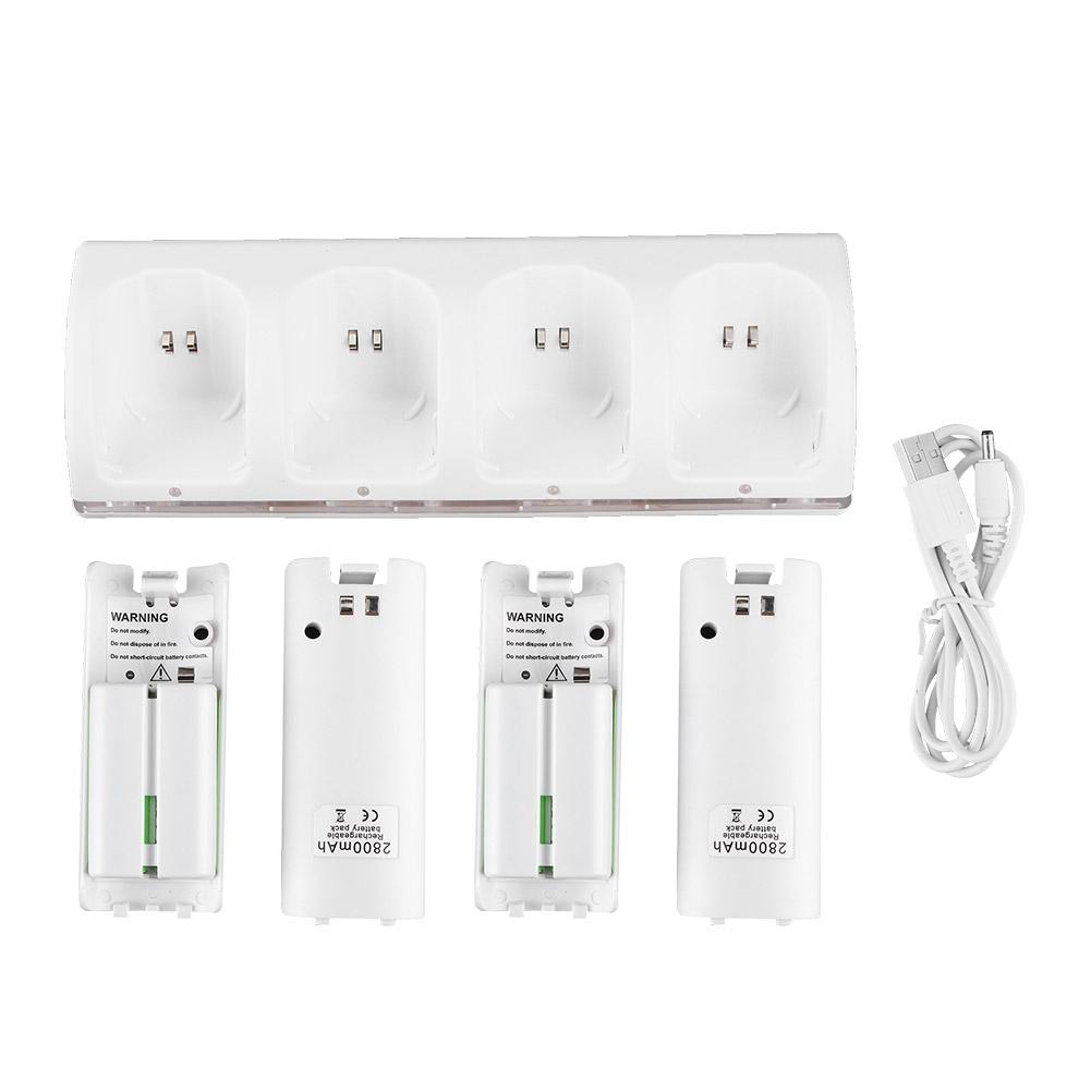 Bílá nabíjecí stanice 4 v 1 s 4 ks 2800mAh baterií pro Wii / Wii U ovladače2800mAh