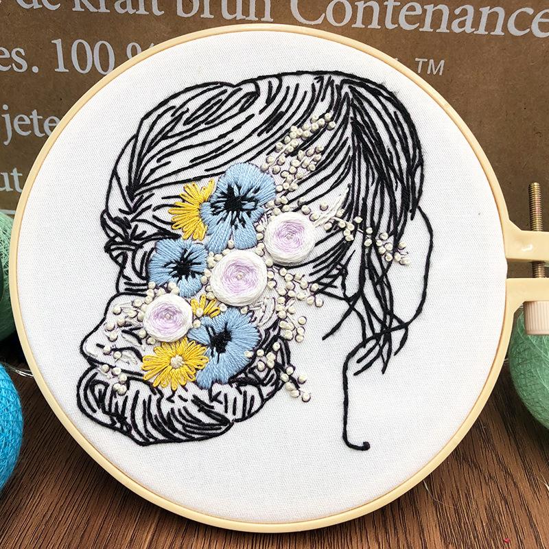 1pc Women's Hair and Flower Pattern Embroidery DIY Fabric Craft Kit Creative Craft Sewing