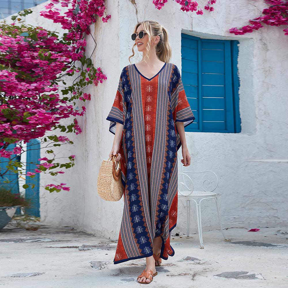 7-Color Cross-border Large Size V-neck Dress Beach Blouse Loose Vacation Dress Bikini Blouse 3897