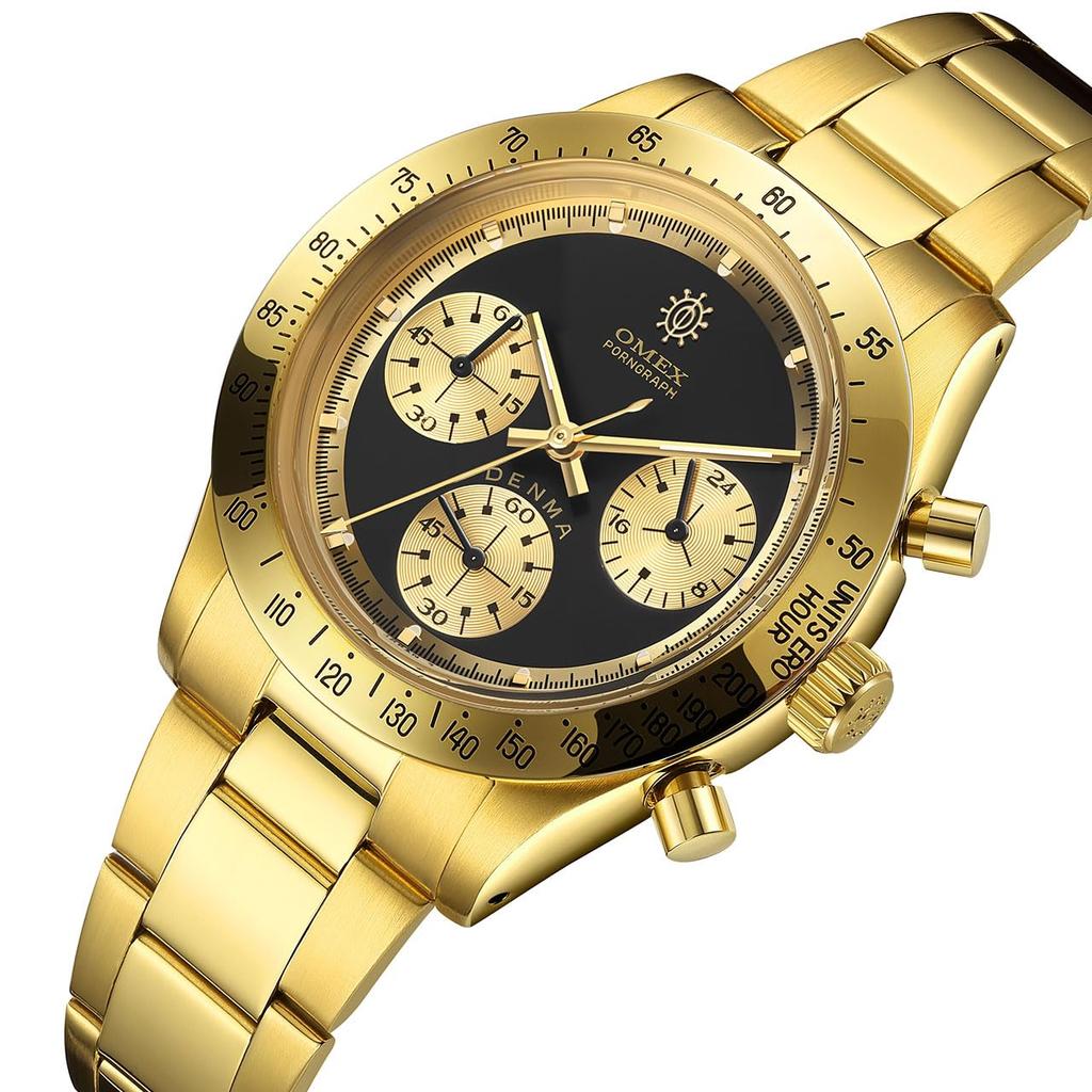 [OMECO] Uhr Herren Omex DENMA Vintage Modell Wasserdicht bis 3 ATM Omeco Uhr Omeko Uhr Hommage Uhr Omex Uhr (Gold x Schwarz)