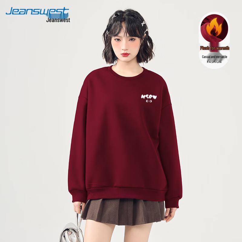JEANSWEST Women's 2024 Autumn/Winter Heavyweight Fleece Round Neck Sweatshirt