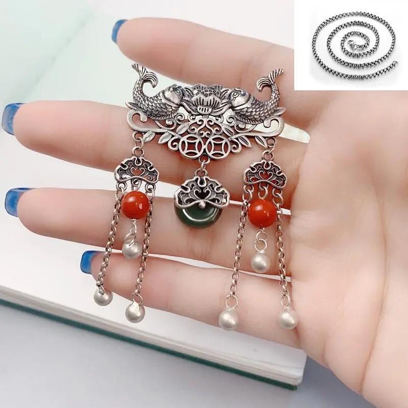 Exaggerated Ethnic Style 925 Sterling Silver Fish Lotus Pendant Necklace for Women with Safety Buckle