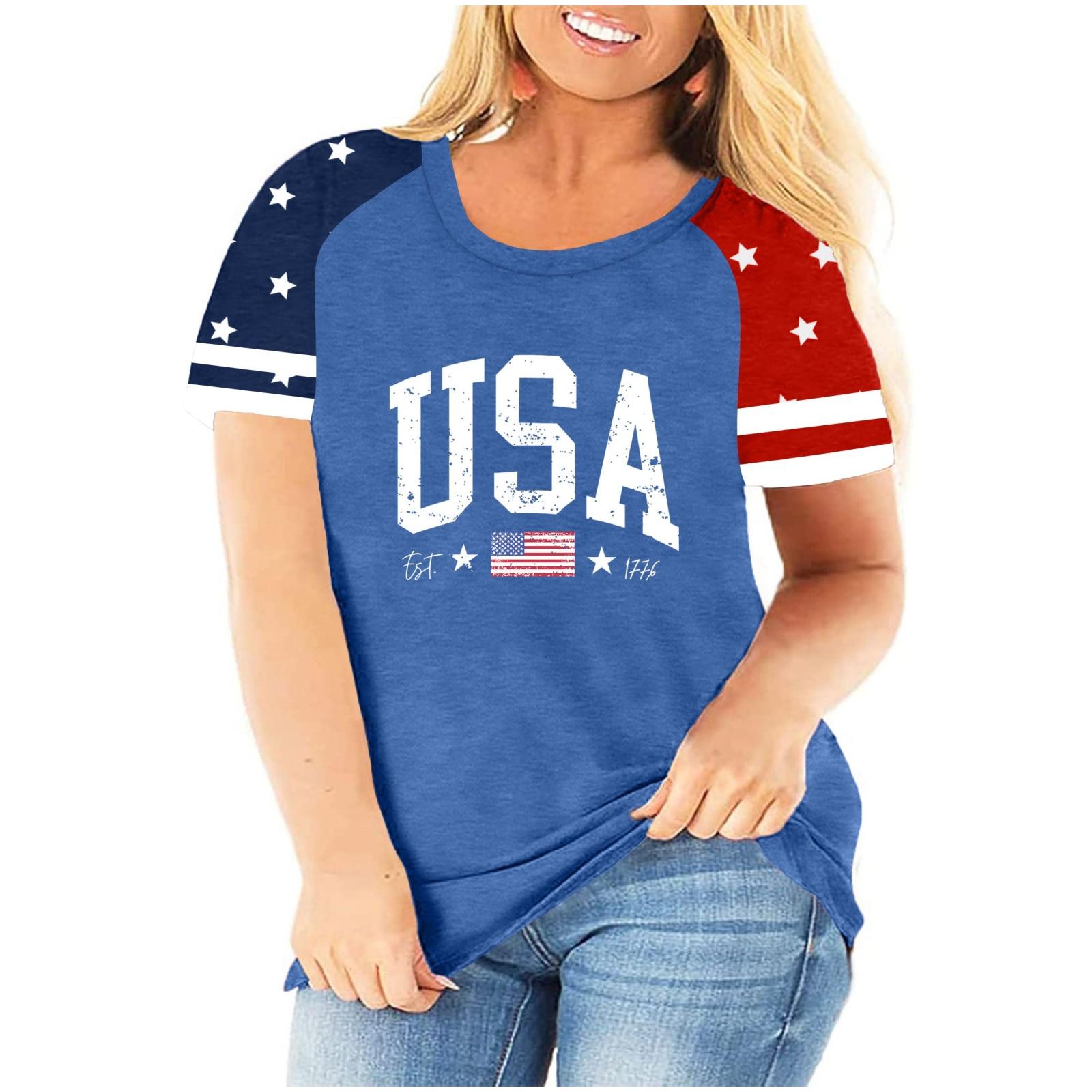 

Plus Size Women s Casual Short Sleeve T Shirt Independence Day Print Round Neck Loose Fit Summer Top USA Freedom Graphic Tee XXL синий