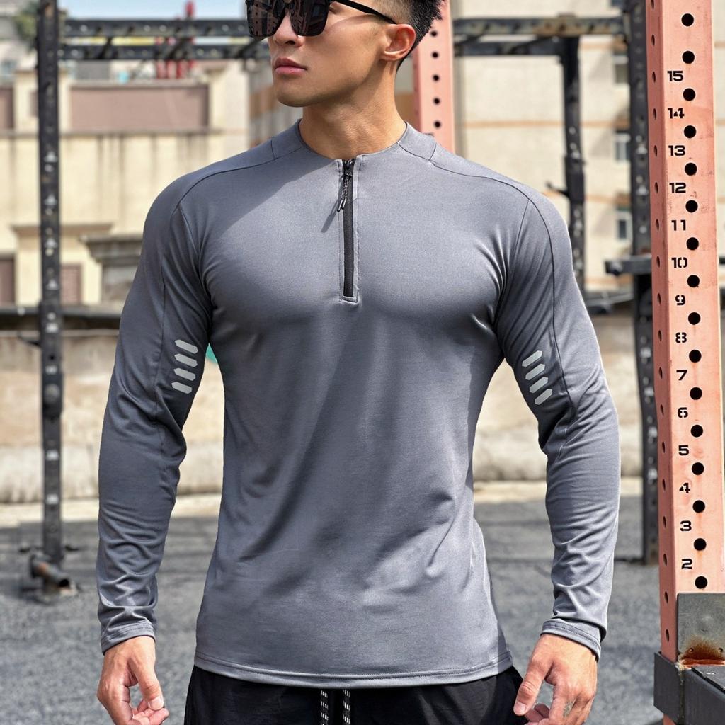 Men’s Long Sleeve Breathable Sports T-shirt Running Cycling Athletic Training Basketball Crew Neck Zipper Top