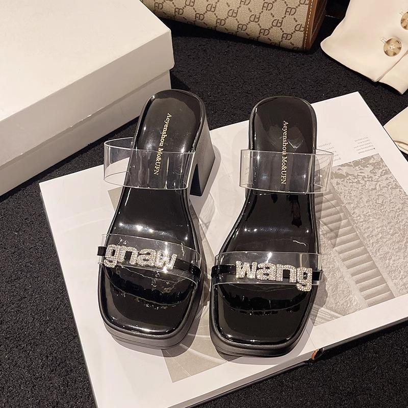 Thick-soled High-heeled Slippers for Women's Summer Outer Wear New Year's Transparent One-word with Rhinestone Thick Heel Premium Cool Slippers
