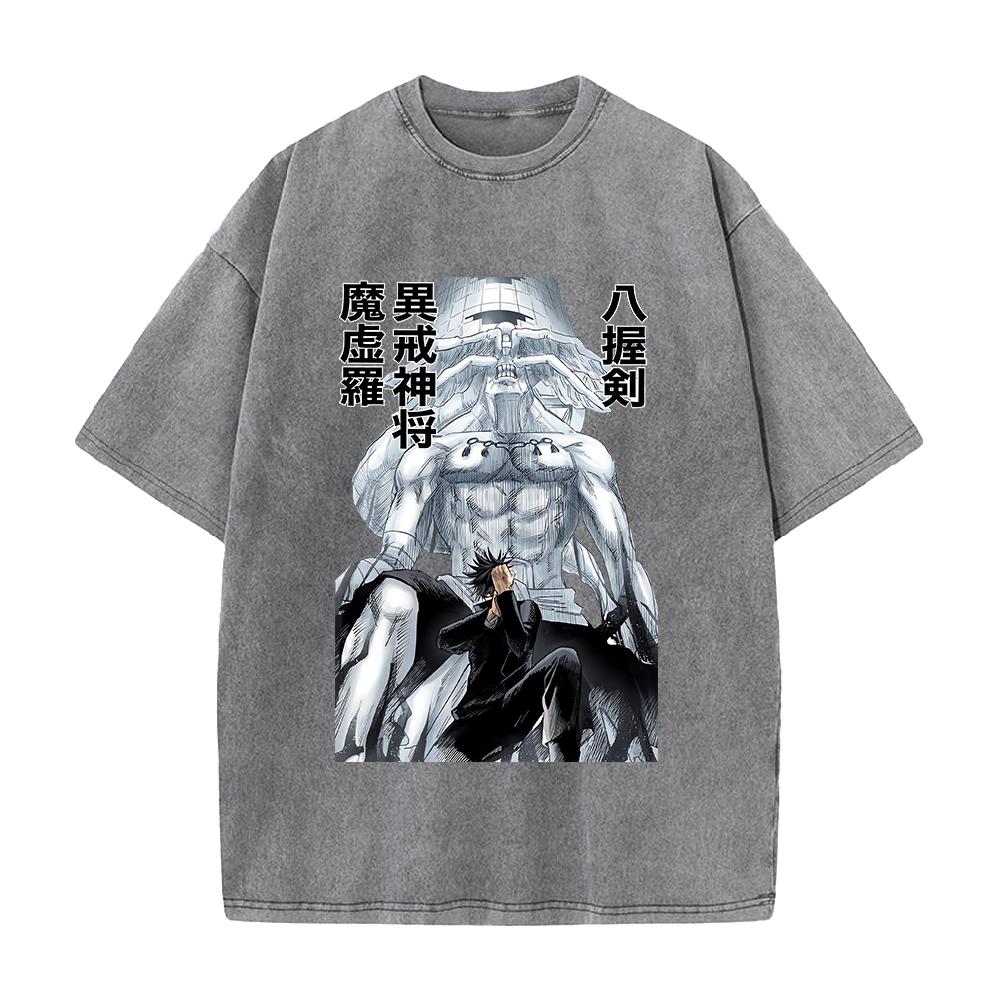 Anime Jujutsu Kaisen Fushiguro Megumi Makora Print T-shirt Men Women Tshirts Cotton Clothing Retro Washed T Shirt Harajuku Tops