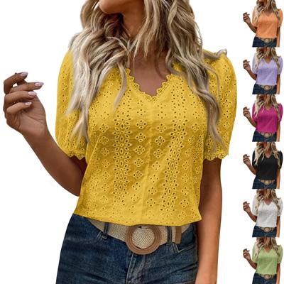 Women's Summer Short Sleeve V Neck Hollow Out Blouse Top Casual Lightweight Breathable Shirt for Daily Wear