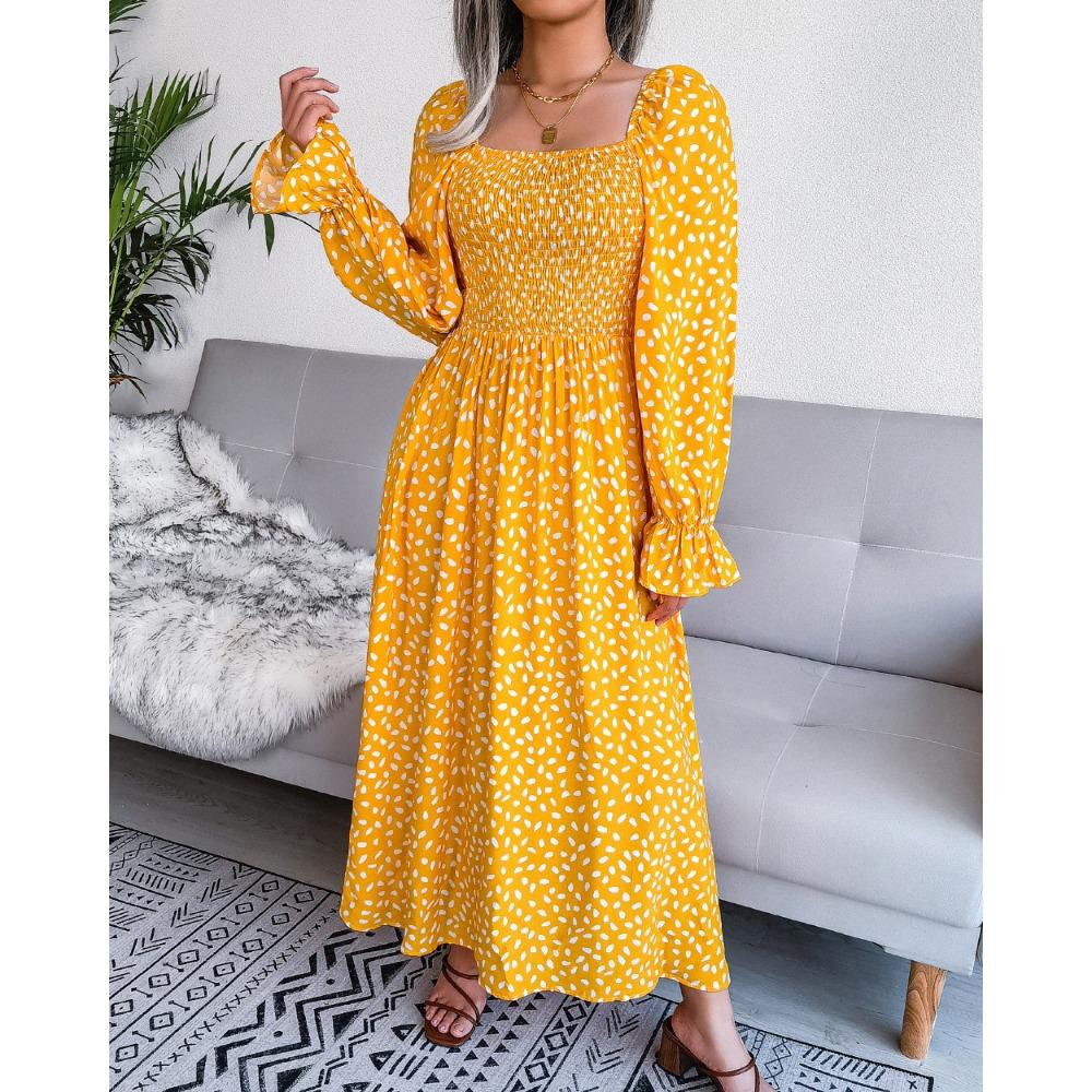 Printemps Été Robe de Vacances en Coton à Manches Longues et Col Carré Plissée Longue Robes pour Femmes