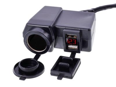Motorcycle Charger 2x USB 4.2A with Voltmeter and EURO Cigarette Lighter Socket