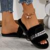 Fashion Rhinestone Detor Cotton Slippers Women Black Faux Fur Plush Slippers for Woman Autumn Winter Light Non Slip Cotton Slides Ladies