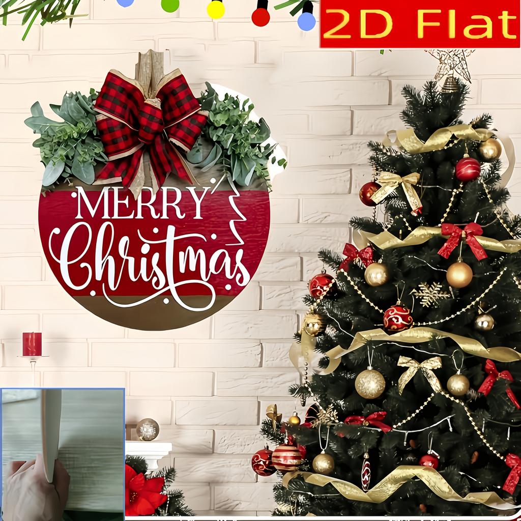 2D Flat Christmas Wooden Wreath Sign - Artificial Winter Door & Wall Decoration for Holiday Parties and Home Decor