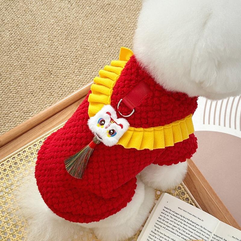 New Year's Winter Clothing, Lion Dance Plush Thickened Warm Pet Dog and Cat Clothes, Teddy Bichon Frise Tang Suit