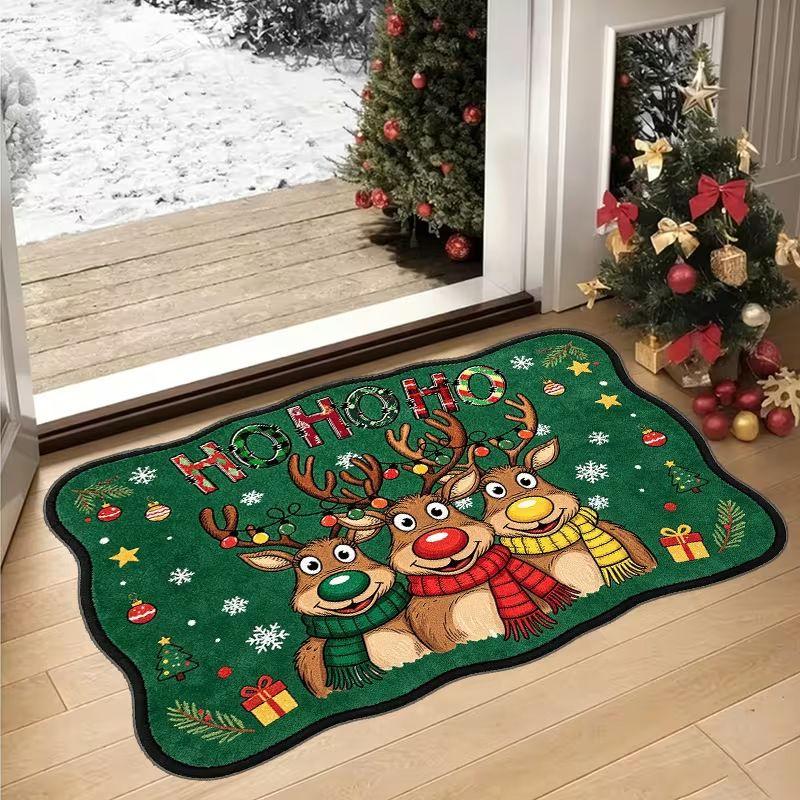 Cartoon Reindeer Christmas Doormat Green Plush Snowflake Candy Cane Non Slip Washable Entryway Rug Indoor Home Decor