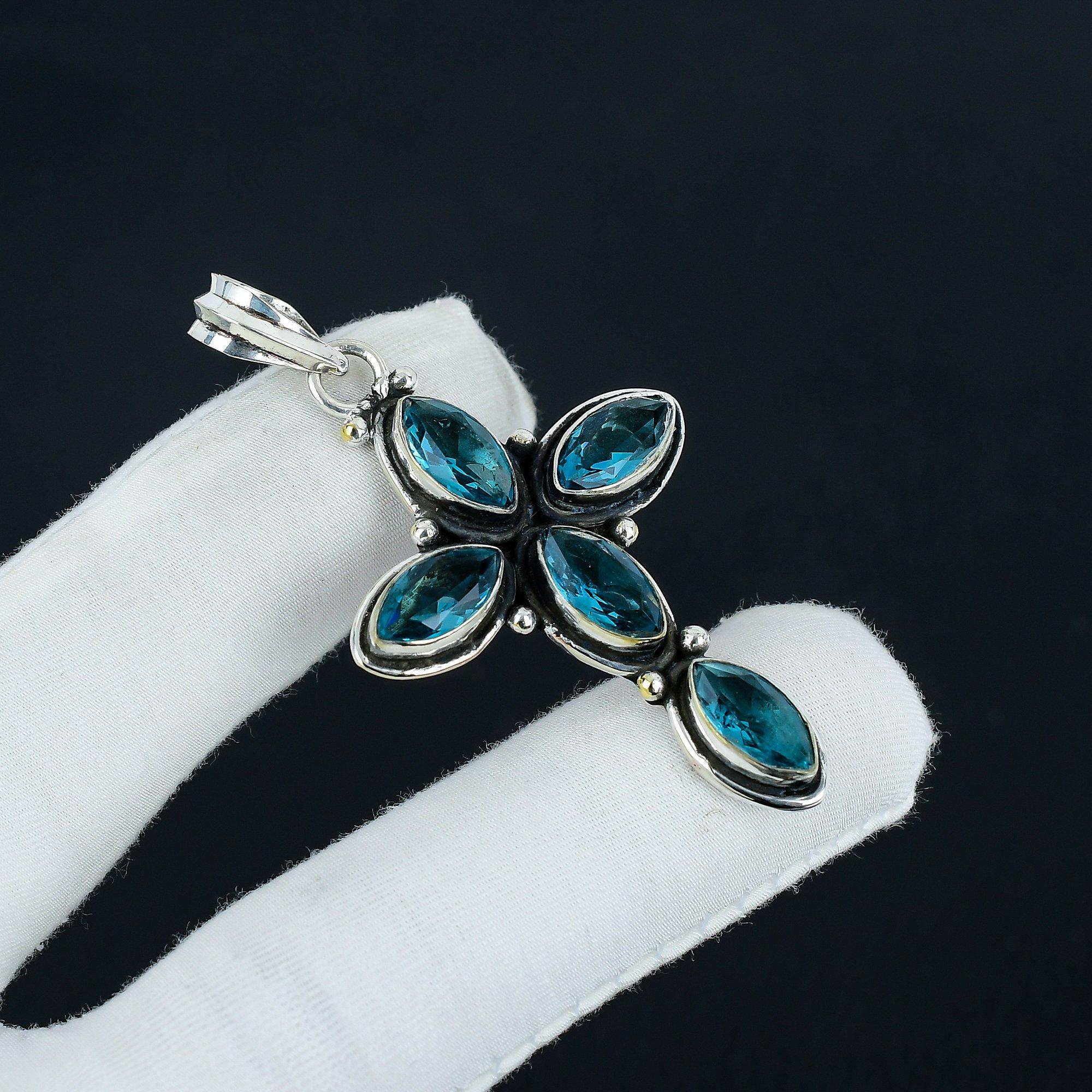 

Blue Topaz Gemstone Silver Cross Pendant in 925 Sterling Silver- Handmade Design, Everyday Wear Jewelry, Unique Pendant Party Wear Gift 2.7 синий