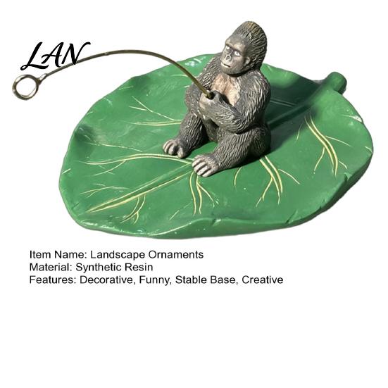 Detailed Animal Figurine for Water Features Fishing Gorilla on Lotus Leaf Ornament, Funny Floating Figurine, Realistic Artistic Landscaping