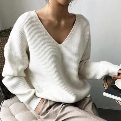 Maglione Scollo a V Ampio Semplice Orlo Irregolare Pullover Top Lavorato a Maglia Donna