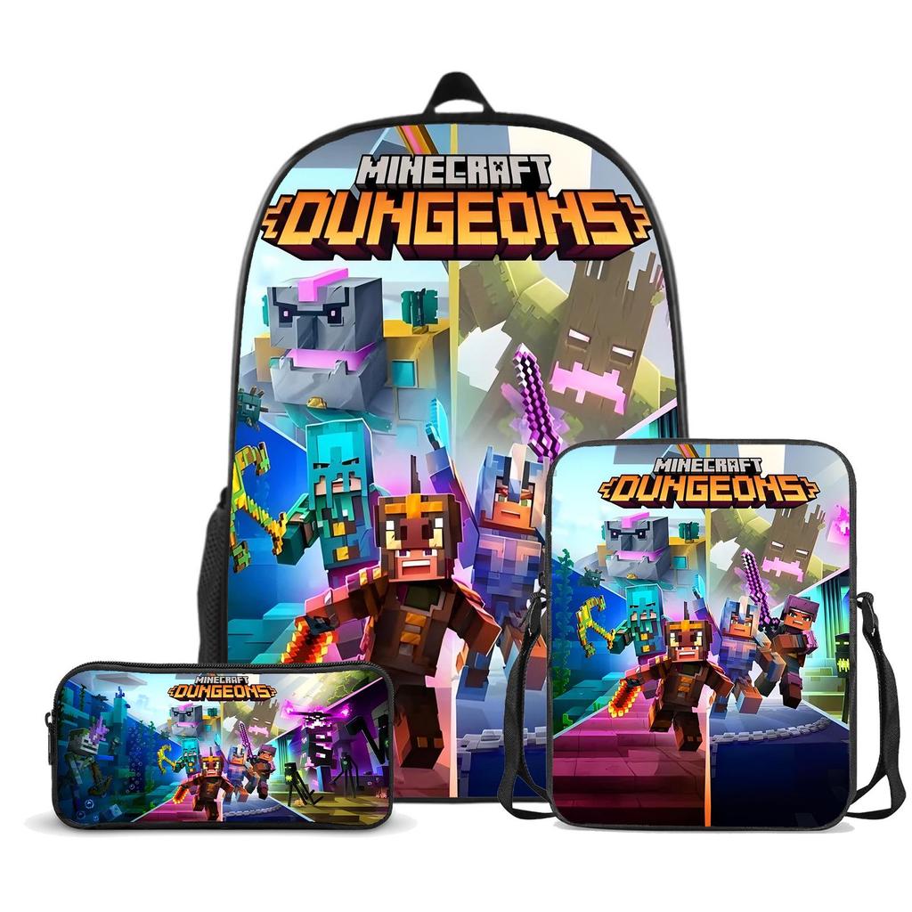 Popular Minecraft 3-Piece Set: Backpack, Messenger Bag, and Cartoon Pencil Case - Lightweight, Splash-Proof, Large Capacity