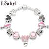 Pink Enamel Crystal Air Balloon Love Pendant Charm Bracelets for Women Girl Silver Plated Castle Minnie Bead Jewelry