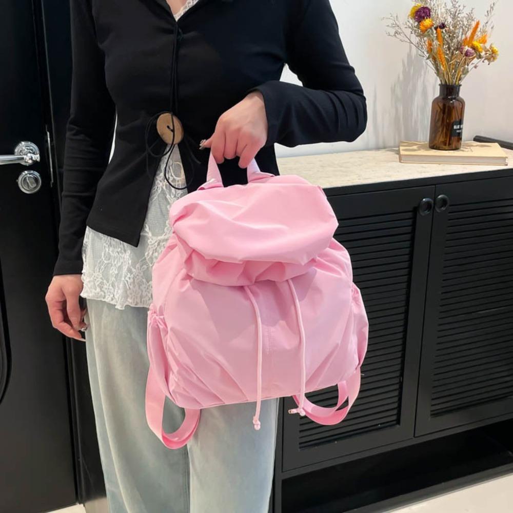 Flap Nylon Backpack Pleated Sports Shoulders Bag Casual Drawstring Backpack  Girls
