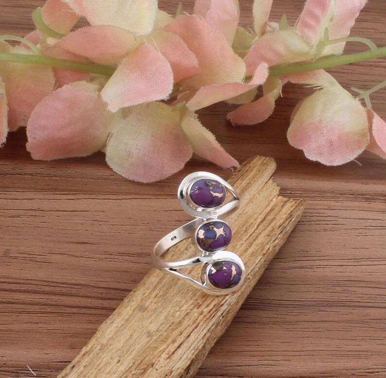 Purple Copper Turquoise Gemstone Ring Solid 925 Sterling Silver Ring Three Stone Ring Handmade Designer Ring Bohemian Ring