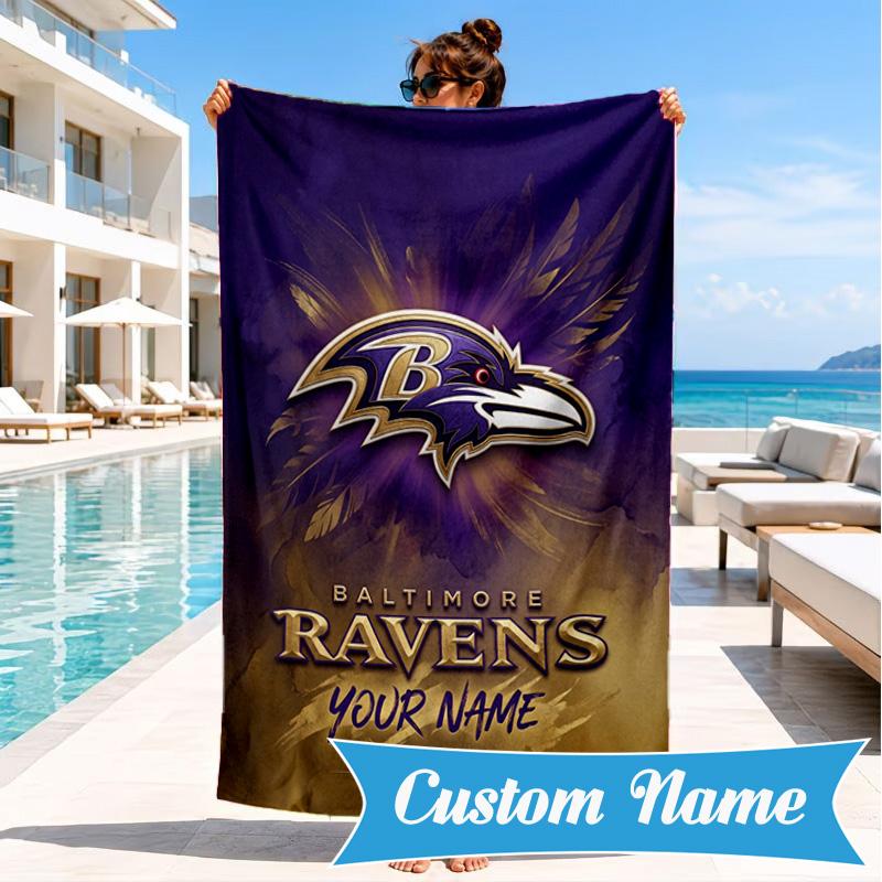 Custom Name football Ravens Logo Personalized Microfiber Beach Towel, Quick-Dry, Ideal for Summer Travel, Beach Essential, Swimming