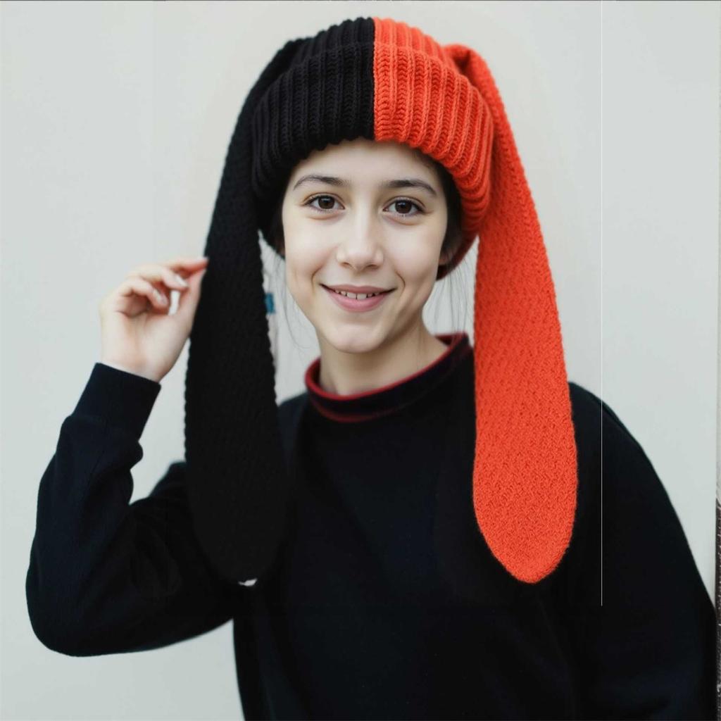 Sweet and Cute Rabbit Color Matching Long Ear Knitted Hat for Women Autumn and Winter Students Warm Ear Protection Wool Hat