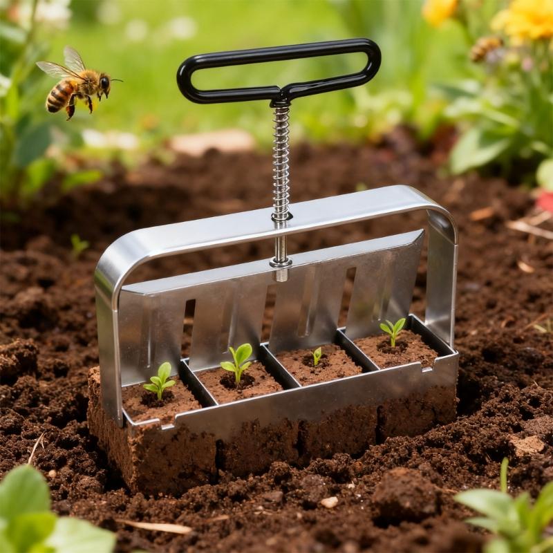 Manuelle Erdblockpresse für Anzucht und Pikieren 4 Erdblöcke mit Saatrillen Gartenwerkzeug
