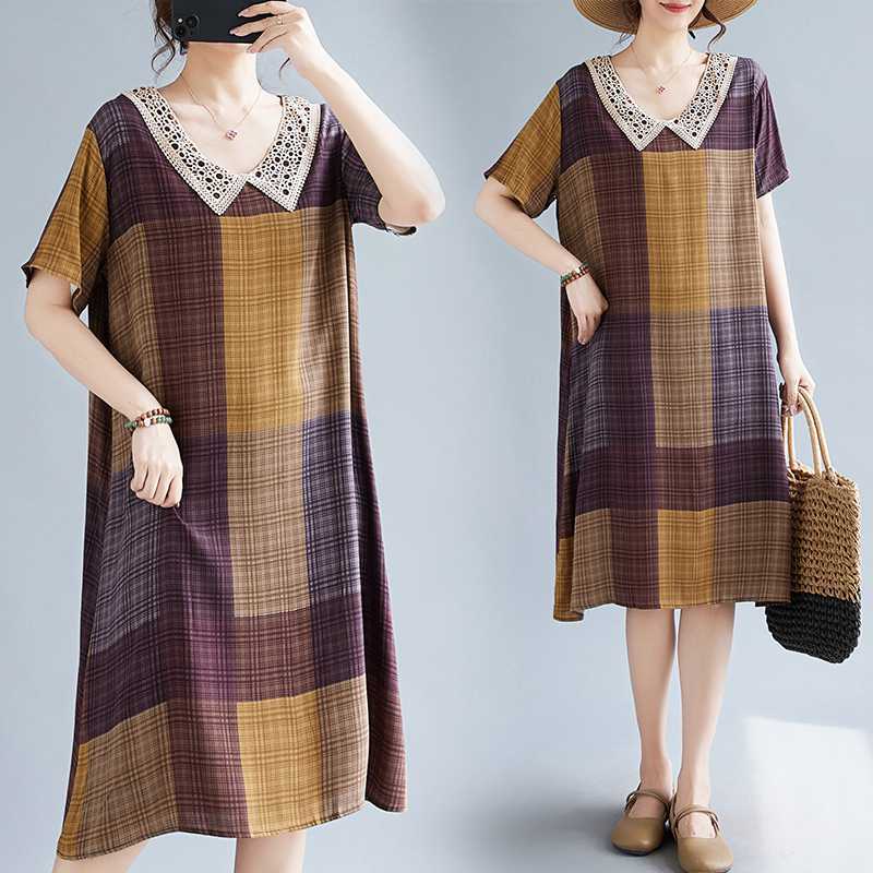 Summer Women's Literary Small Lapel Plaid Floral Dress Short Covered Flesh Skinny Skirt