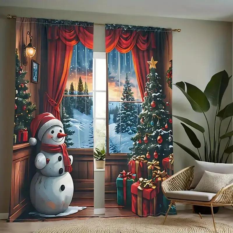 Christmas Tree Forest Snowman Pattern Printed Curtains Window Decorations Home Room Curtain Set Of 2 Made Polyester Washable