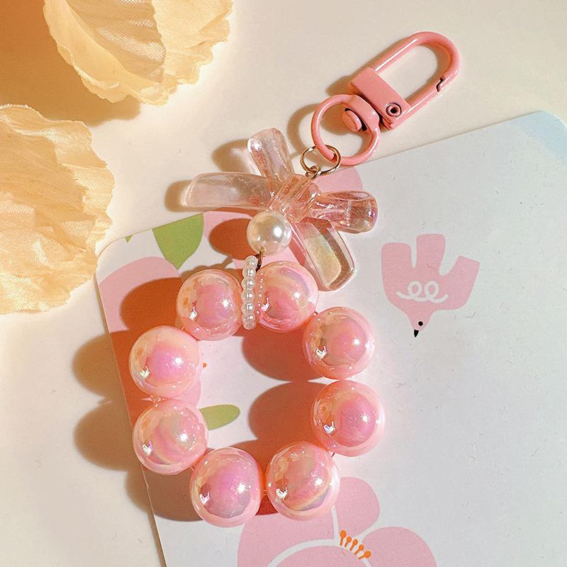 Plastic Fashion Beaded Bow Keychain Exquisite Candy Color Pearl Keyring Creative Shiny Bows Beaded Pendant Girls
