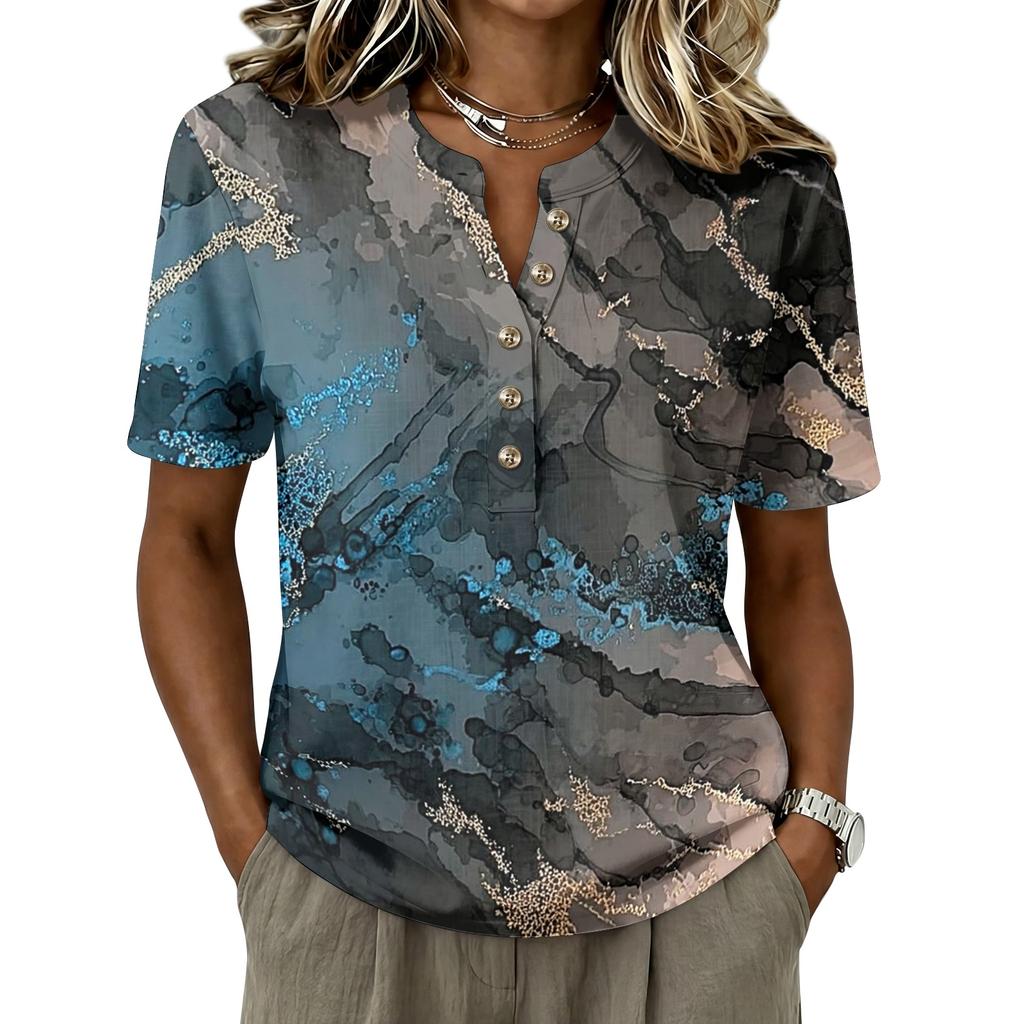 Women's Short Sleeve Henley Button Neck Shirt Cotton Linen Blend Lightweight Casual Top with Abstract Print Pattern for Summer and Spring