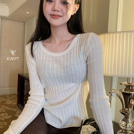 Split Hem White Knitwear Women's Autumn and Winter French Style Long Sleeve Thin Inner Base Layer Top