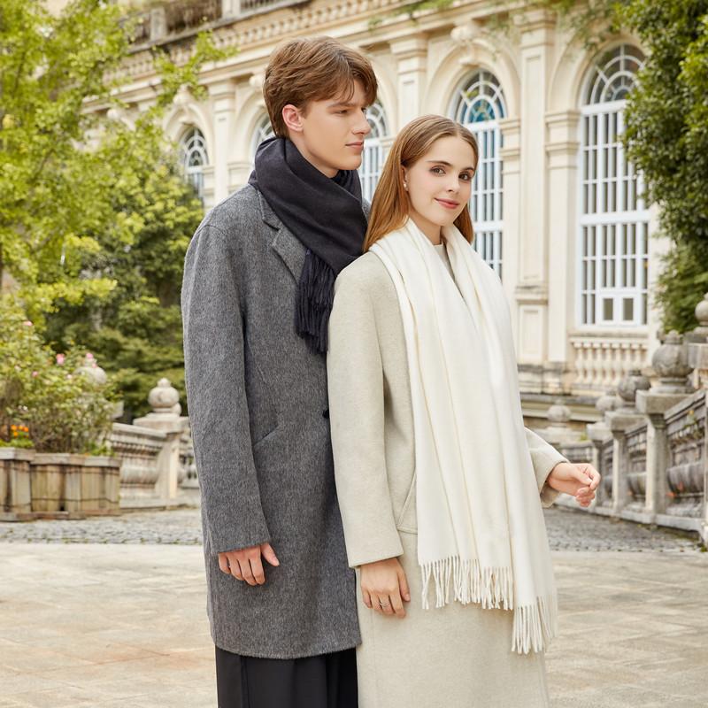 Fular Gros de Lână Culoare Solidă Unisex Fular de Iarnă cu Franjuri de Cașmir Cald Rezistent la Vânt Înfășurare Plaid pentru Femei & Bărbați