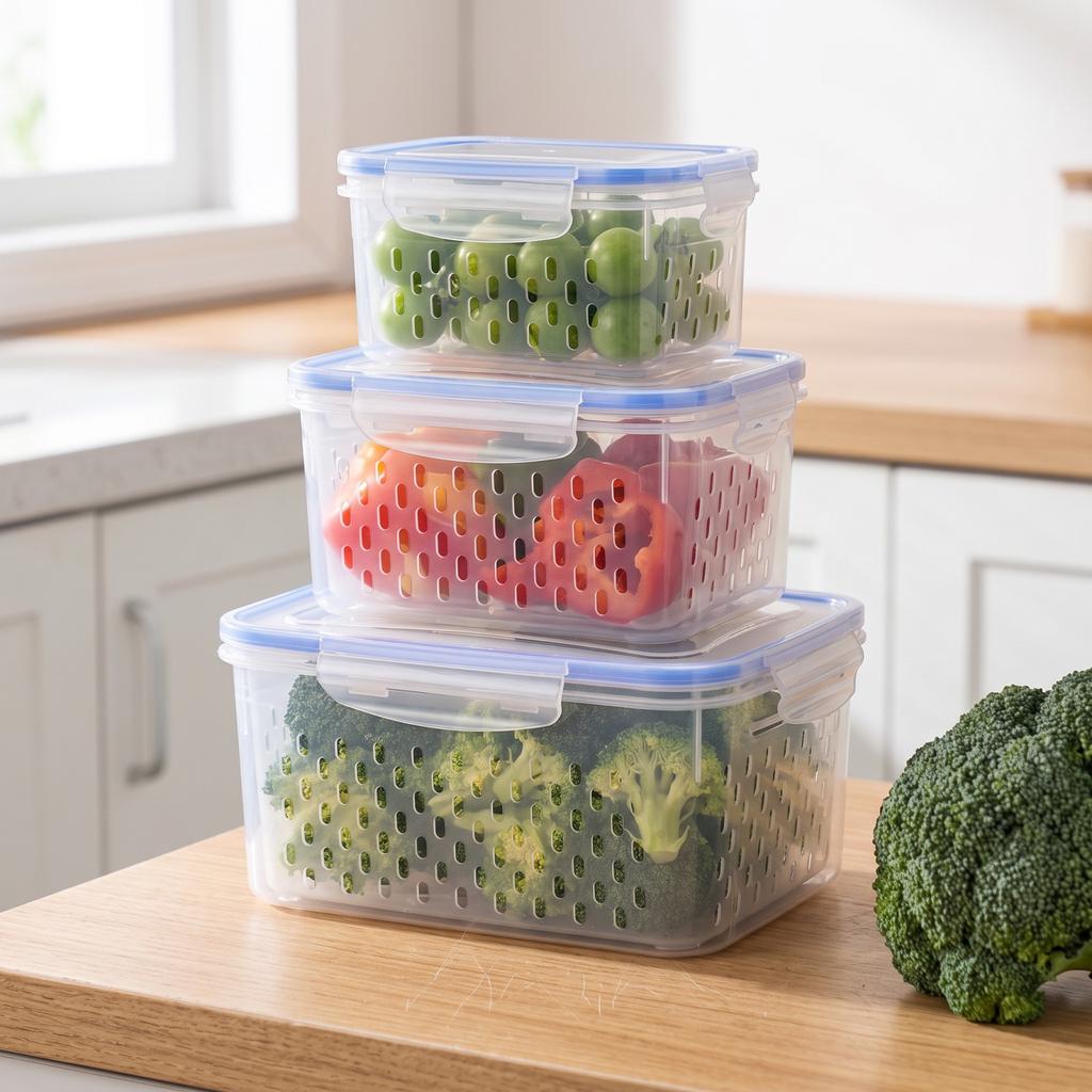 Plastic Food Storage Containers with Airtight and Colander, 3-Piece Set (Small+Medium+Large) for Kitchen and Vegetable Organization