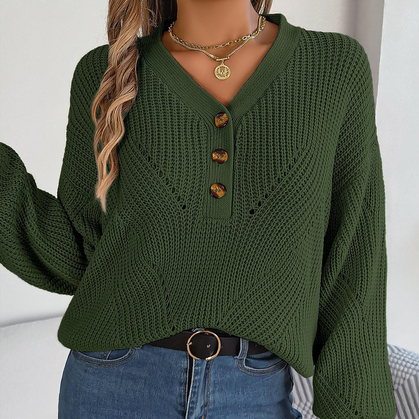 

GMXIA женская мода Повседневное однотонный осенне-зимний свободный пуловер с длинными рукавами и v-образным вырезом на пуговицах, пуловер с рукавами-фонариками, свитер S темно-зеленого