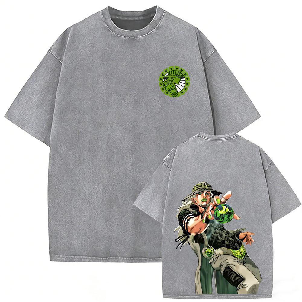Anime Jojo Bizarre Adventure Steel Ball Run Vintage Washed T Shirt Men Retro Oversized T-shirt Male Manga Casual Cotton T-shirts S