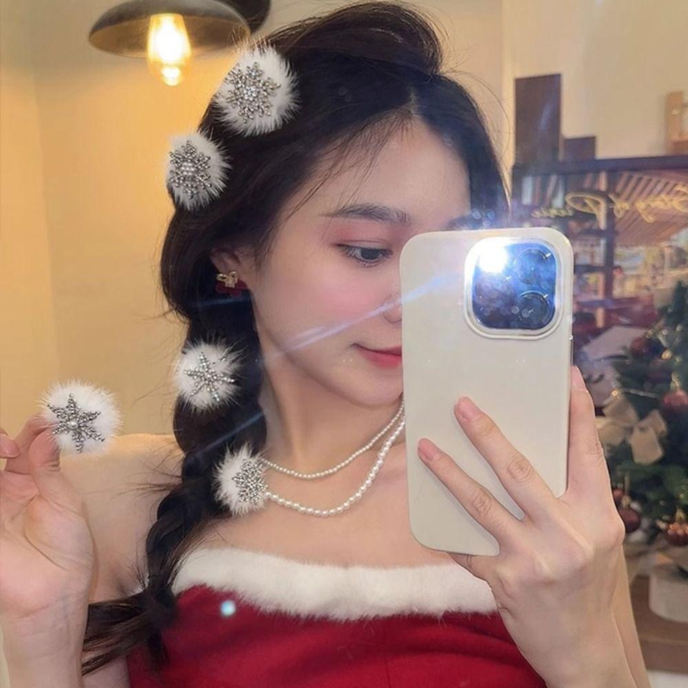 2PCS Pearl Plush Snowflake Hair Clips Bow Duck Down Clip  Party Hair Accessories