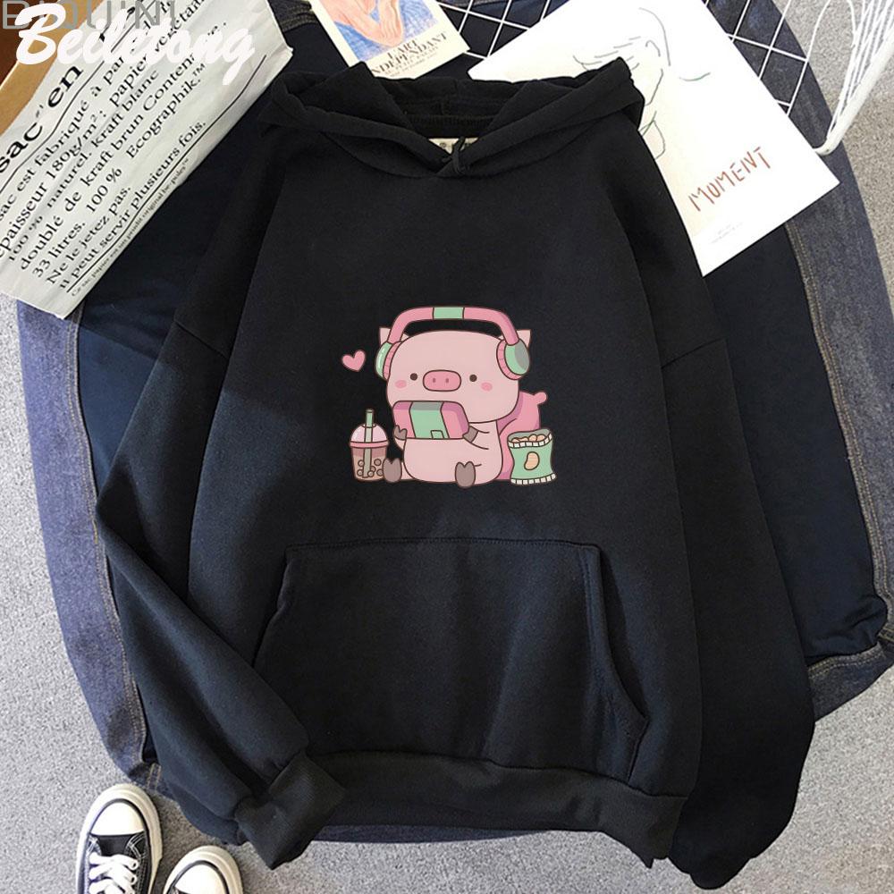 Cute Little Piggy Gamer with Headphones Hoodies Women Kawaii Streetwear Sweatshirts Graphic Pullovers Clothing