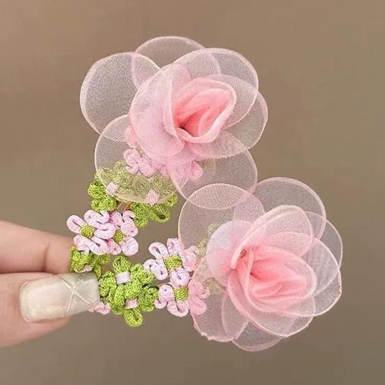 Hairpin Organza Flower Hair Clip with Hand-Crocheted Petals Leaves Sweet Style Bang Hair Pin Hair Accessories