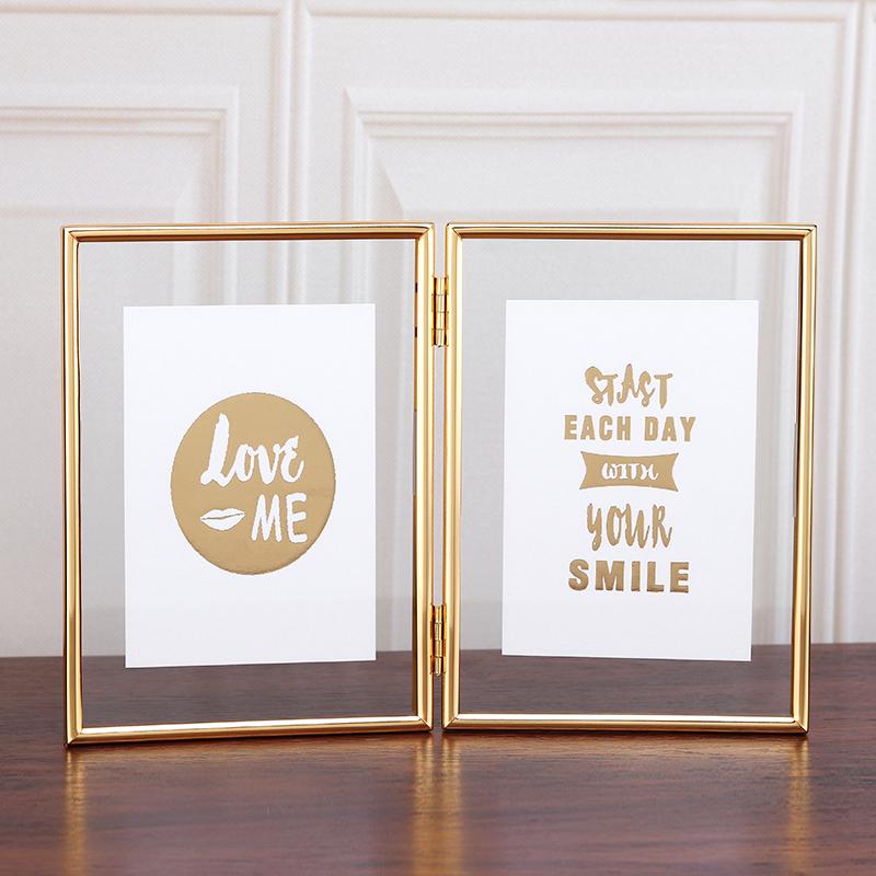 Foldable 3/2 Panel Gold Plated Photo Frame, Double Sided Clear Glass Desktop Display Stand, Photo Frame for 5/6/7/8 Inch Photos