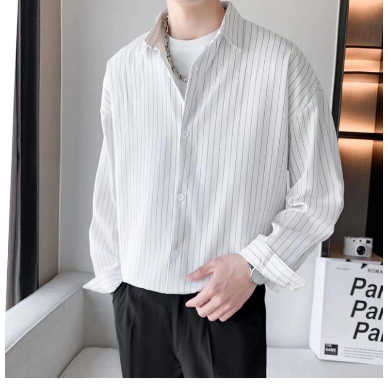 Striped Shirt Men's Loose Casual Coat Lapel Button Long-sleeved Cardigan Formal Top