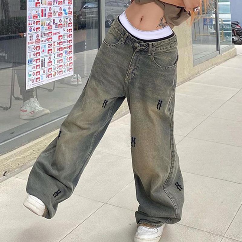 

Европейские и американские женские уличные джинсы в стиле горячей девушки с выстиранными буквенными надписями, свободные повседневные брюки с низкой талией и широкими штанинами L