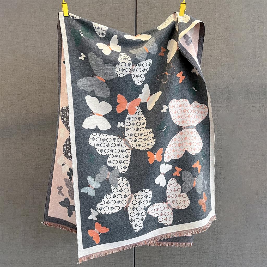 185*65cm Tassel Scarf Autumn/Winter Warm Scarf Women's Butterfly Print Imitation Cashmere Thick Shawl Warps Coldproof Blanket