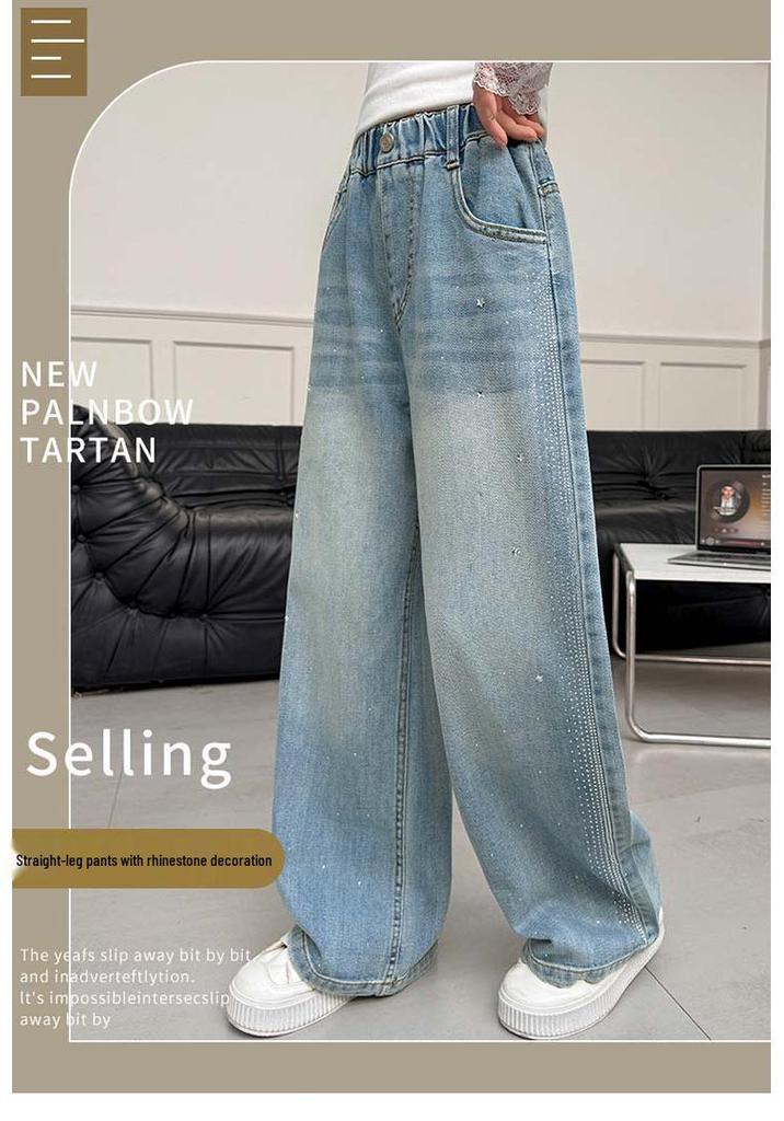 Girls' Autumn 2026 Wide Leg Rhinestone Jeans - Children's Straight Leg Trousers for Middle and Older Girls.