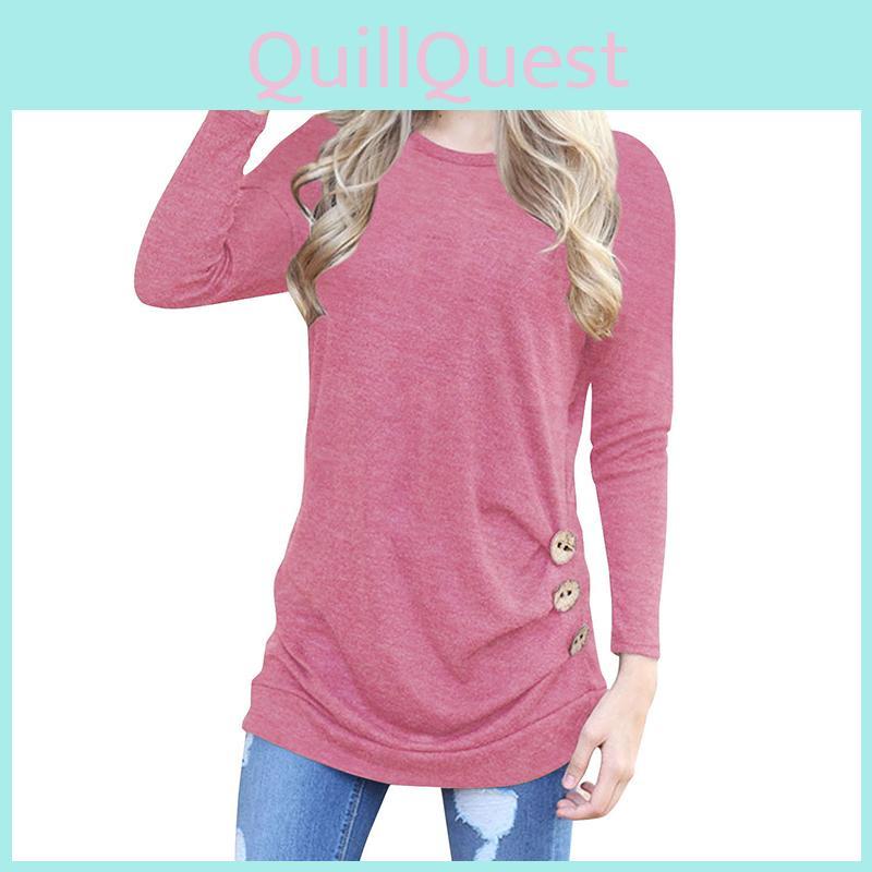 Fashion Women Long Sleeve Casual Blouse Stylish Tunic With Brown Button Accents