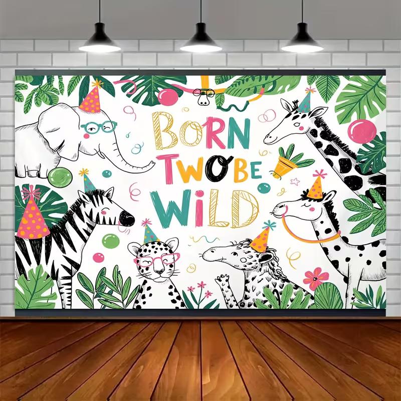 2D Jungle Themed 2nd Birthday Backdrop Cloth for Photo Booth & Decor