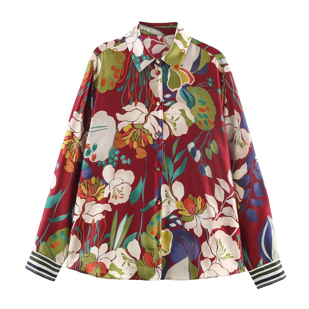 European and American Style, New Women's Clothing, Foreign Style, Flower Printing Silk Satin Texture Shirt 2355112