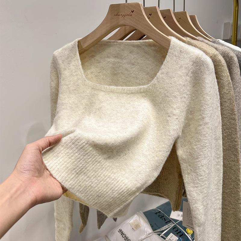 Autumn Square Collar Sexy Slim Fit Knitted Sweater for Women Fashion Winter Pullovers Women Sweaters Tops Elegant Soft Warm Ladies Knit Jumpers 25863