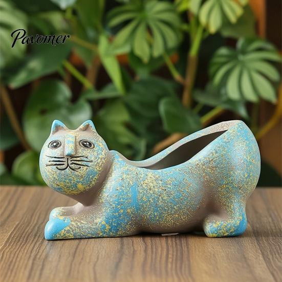 Breathable Clay Flower Pot Ceramic Cat Planter, Cute Kitty with Drainage Hole, Stable Base Planter Decorative Plant for Succulents Cactus Indoor Table